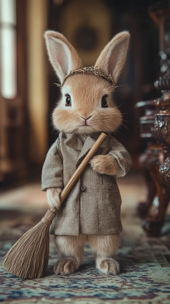 A fluffy brown rabbit, wearing a small grey coat and a crown of leaves, stands on a patterned rug, holding a broom. The rabbit is looking directly at the camera, with a serious expression on its face. The background is out of focus, showing a wooden table and a blurry wooden door.  The image is whimsical and charming, portraying the rabbit as a miniature housekeeper.