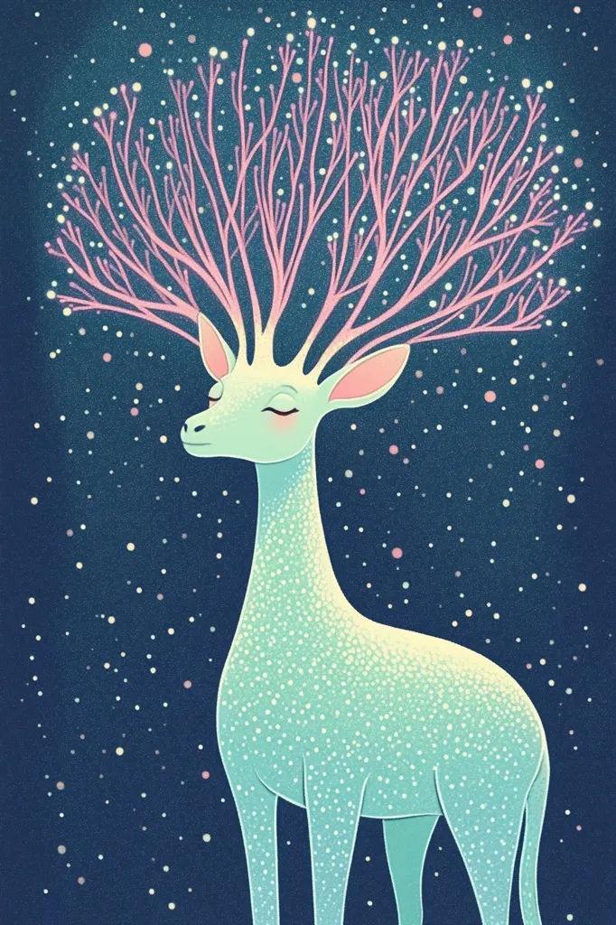 The image depicts a stylized deer with closed eyes. Its antlers are made up of intricate pink branches, resembling a delicate tree. The deer's body is a soft, light blue, blending seamlessly with the blue background. The background is speckled with tiny white and pink dots, creating a starry night effect. The overall image is whimsical and magical.