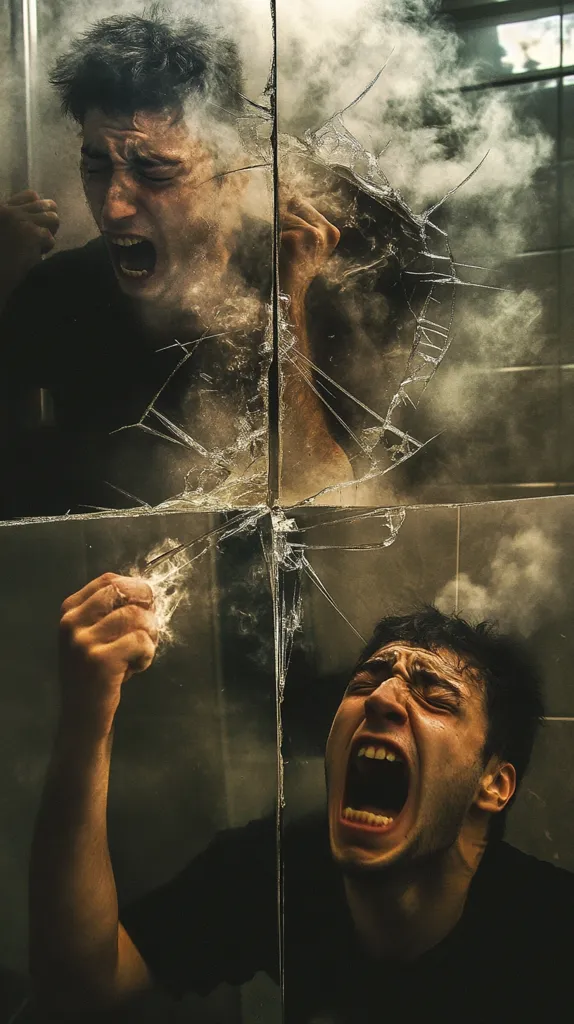 The image shows a man standing in front of a shattered mirror. He is screaming in anger and pain. The broken glass reflects his distorted image, creating a sense of fragmentation and chaos. The smoke and dust surrounding him add to the dramatic and intense atmosphere, highlighting the man's internal turmoil.  The image conveys a sense of frustration and a struggle with inner demons.