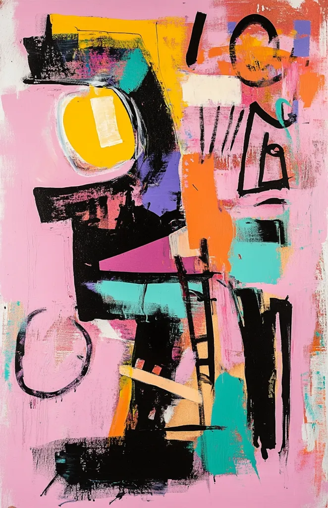 The abstract painting is dominated by a pink background with black, yellow, turquoise, purple, and orange brushstrokes.  A large yellow circle in the top left corner stands out against the pink.  The painting is characterized by bold, gestural lines and shapes, creating a sense of energy and movement.  The colors are bright and vibrant, contributing to the overall feeling of joy and excitement.  The painting is a celebration of color and form.