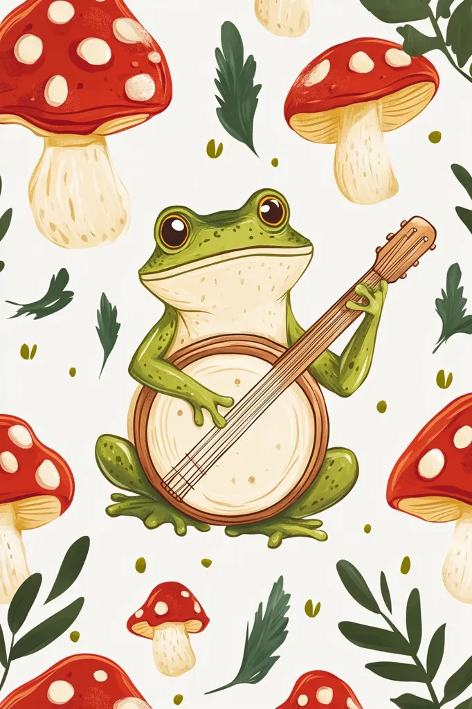 A green frog with large eyes plays a banjo. It is surrounded by red and white mushrooms with leafy green foliage. The whimsical illustration features a white background and a playful cartoon style. The frog's banjo is held in its hands, and it appears to be enjoying the music it is making.