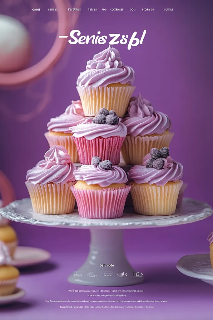 A pyramid of purple-frosted cupcakes sits on a white cake stand against a purple background. The cupcakes are adorned with white sprinkles and some have a few blueberries on top. The text "Senis Zs/pl" is written in large, white letters at the top of the image.  There are some other words in smaller font at the top, but they are difficult to read. At the bottom of the image are more words and logos.  The overall image is of a sweet treat with a playful and modern design.