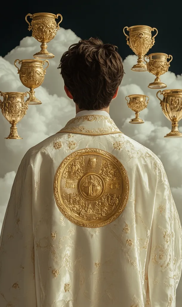 A young man, dressed in a white robe adorned with a large, circular, gold design, stands against a background of soft, white clouds.  The design on his robe features intricate details and appears to be a depiction of biblical scenes.  Floating around him are numerous golden cups, each with unique decorative elements.  The overall impression is one of religious ceremony and solemnity.