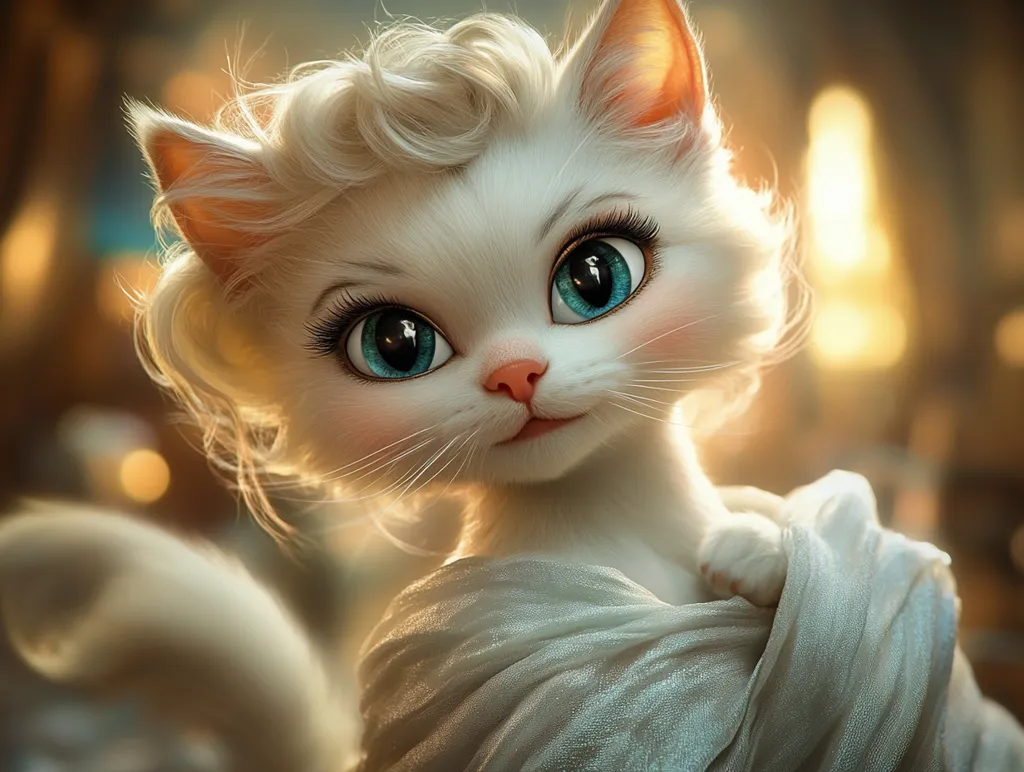 A white cat with large, blue eyes and a fluffy, blonde mane is wrapped in a soft, silky fabric. The cat's gaze is directed toward the viewer, creating a sense of intimacy and warmth. The soft lighting and gentle expression contribute to a sweet and enchanting atmosphere.