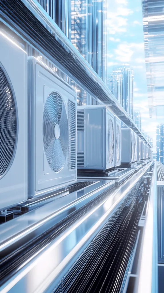 The image showcases a row of air conditioning units mounted on a metallic platform. The units are white and feature circular fans, providing a sense of industrial cooling. The platform is sleek and reflective, creating a sense of order and efficiency. The background features a blurred cityscape, suggesting an urban environment where these units play a crucial role in regulating temperature. The overall tone is clean, modern, and functional, emphasizing the importance of these systems in maintaining comfortable living and working spaces.