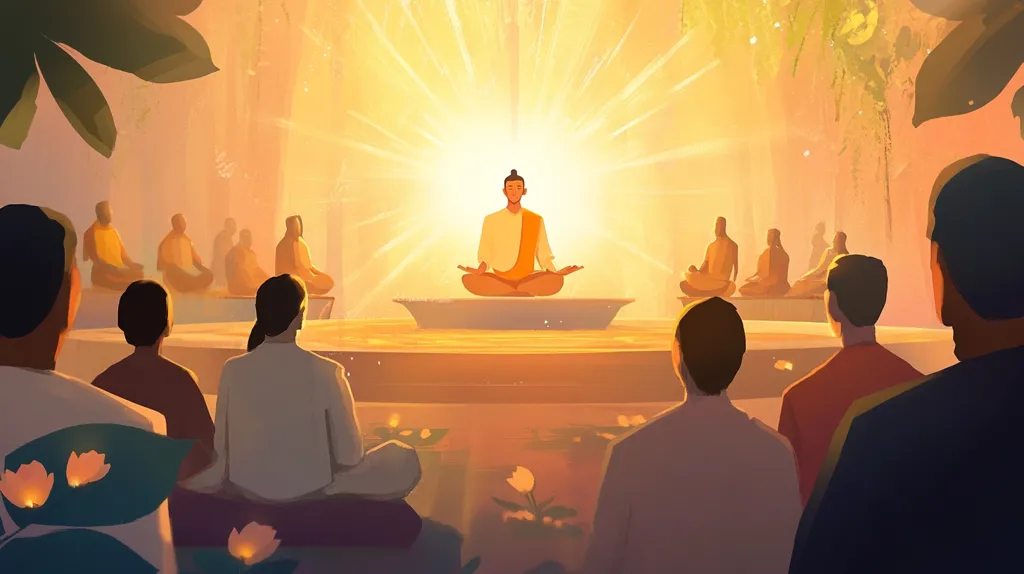 A group of people are seated in a circle around a man in the center who is meditating.  The meditating man is radiating light and the people appear to be listening intently. The image is a warm, inviting illustration that evokes a sense of peace and spiritual enlightenment.