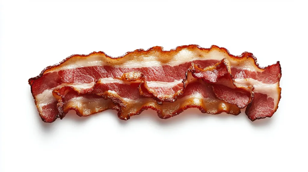 A strip of crispy bacon, cooked to a golden brown, lies on a white surface. The bacon is arranged in a wave-like pattern, revealing the layers of fat and meat. The edges are slightly curled, and the surface has a glistening, oily sheen.
