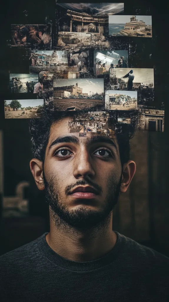 A young man with a dark beard stares directly at the viewer, his face illuminated by a series of overlaid, faded photographs. The images, which appear to depict scenes from a city, are scattered across his forehead and hairline, suggesting a complex and layered past or a deep connection to the urban environment. His expression is neutral, hinting at a quiet contemplation or a sense of weight carried within. He wears a simple, dark t-shirt, his gaze conveying a sense of inner depth and quiet strength.
