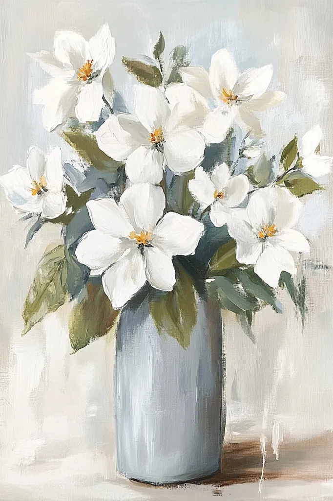 A painting of a bouquet of white flowers in a light blue vase. The flowers are arranged in a loose, natural style, and the background is a soft, neutral color. The painting has a delicate and romantic feel, with a focus on the beauty of the flowers. The leaves are a deep green and the stems are light green.  The vase is simple in shape and has a worn, rustic look.  The painting is likely done in oil on canvas and has a very relaxed, almost impressionistic style.