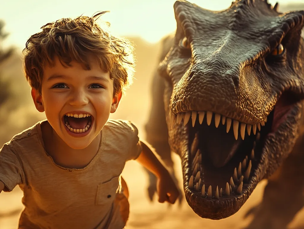 A young boy with messy brown hair and a wide grin is running away from a large, toothy dinosaur. The dinosaur's mouth is open in a menacing roar, but the boy seems unfazed. The scene is set against a blurred background of warm, golden light, creating a sense of fun and adventure.