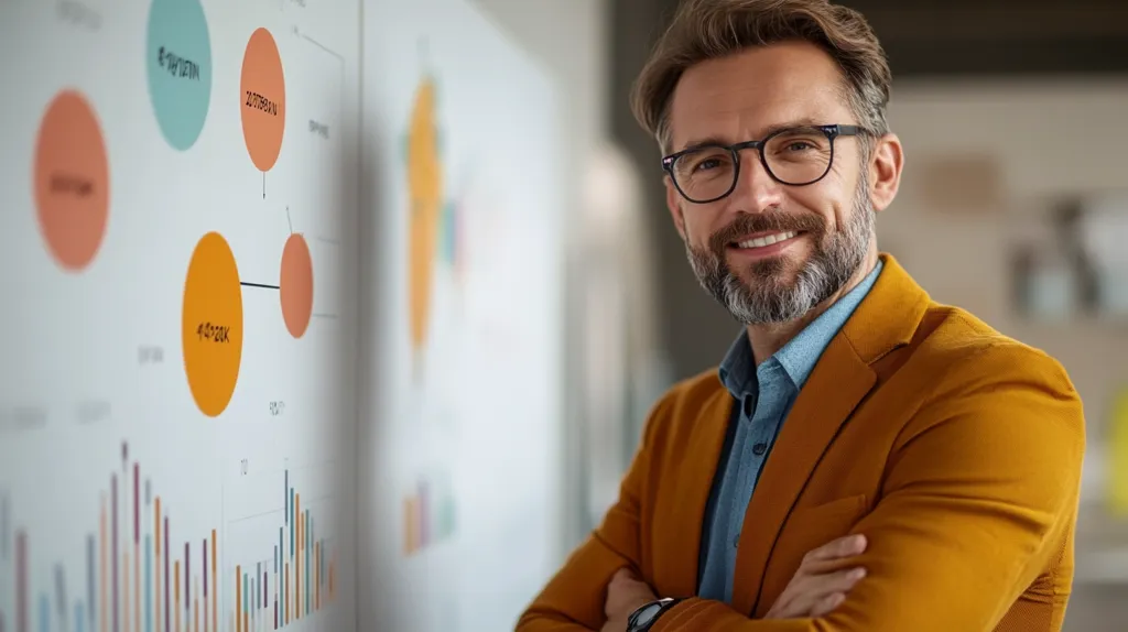 A man with a beard and glasses is standing in front of a whiteboard with charts and graphs. He is wearing a blue shirt and a mustard yellow blazer, and has a confident expression on his face. His arms are crossed and he is looking directly at the camera. The background is slightly blurred, highlighting the man as the focus of the image.  The image suggests professionalism and success.