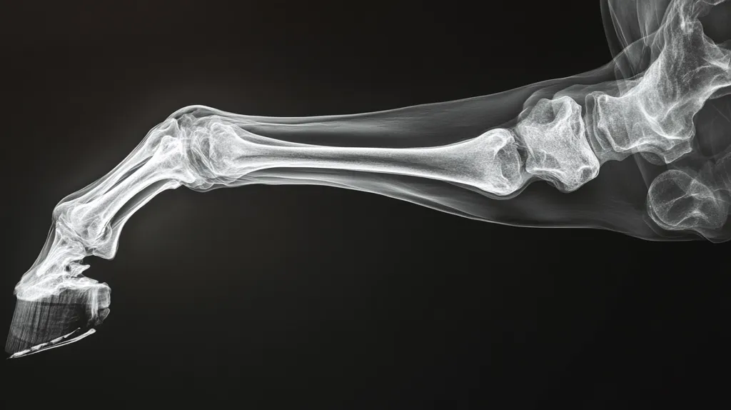 The image shows an x-ray of a horse's leg. The leg is bent at the knee, and the hoof is visible at the bottom of the image. The bones and joints of the leg are clearly visible, as well as the soft tissues surrounding them. The image is a grayscale image with a black background, and the bones and tissues are shown in shades of white and gray.  The image is likely taken for medical purposes to diagnose an injury or illness.