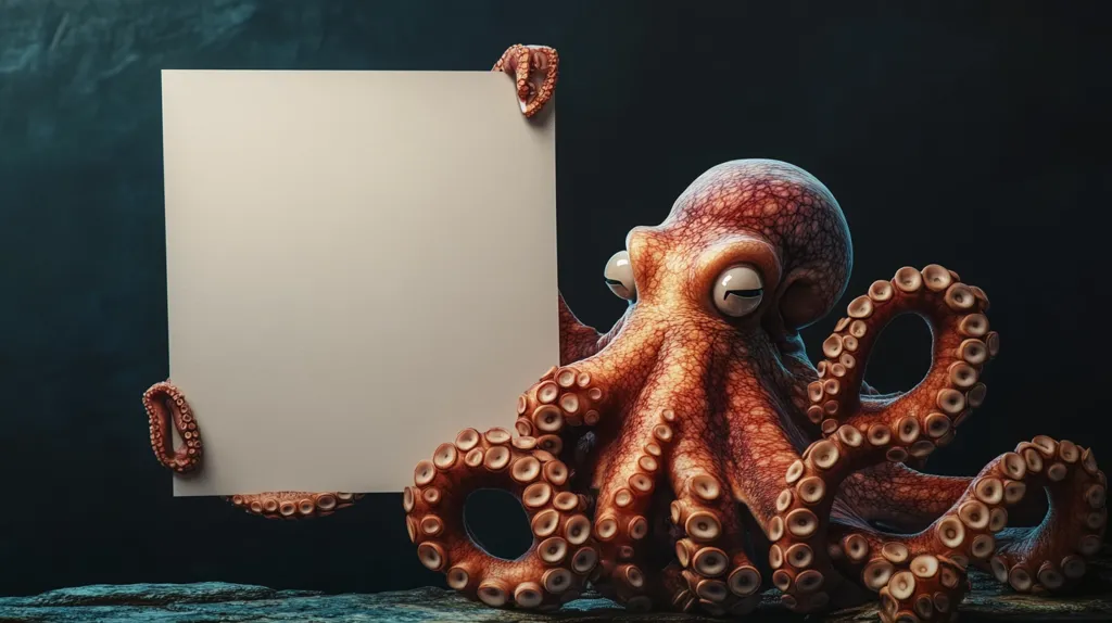 A large red octopus with bulging eyes is holding up a blank white sign. The octopus has many suction cups on its tentacles and its skin has a rough texture. The octopus is against a dark background.  There is a dark, blue surface that appears to be underwater behind it.  The background appears to be a blurry, dark blue.  There is a sense of playfulness in the image.