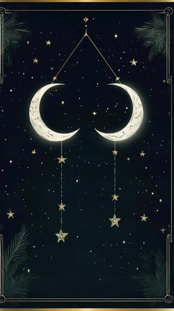 The image depicts two crescent moons suspended from a thin gold line against a dark blue night sky. The moons are adorned with stars, which are also scattered across the background, creating a celestial and whimsical scene. A subtle golden border frames the image, enhancing the elegant and ethereal quality. The overall design conveys a sense of beauty and tranquility.