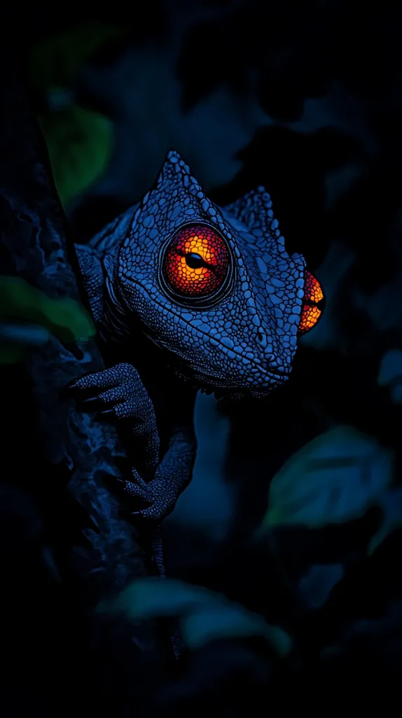 A close-up shot of a chameleon's head, its body mostly obscured by the dark background. Its bright orange eyes glow against the dark foliage, giving it a predatory look. The chameleon's textured skin and sharp claws are visible, adding to its menacing appearance. The image captures the animal's stealthy nature and its ability to blend seamlessly into the shadows.