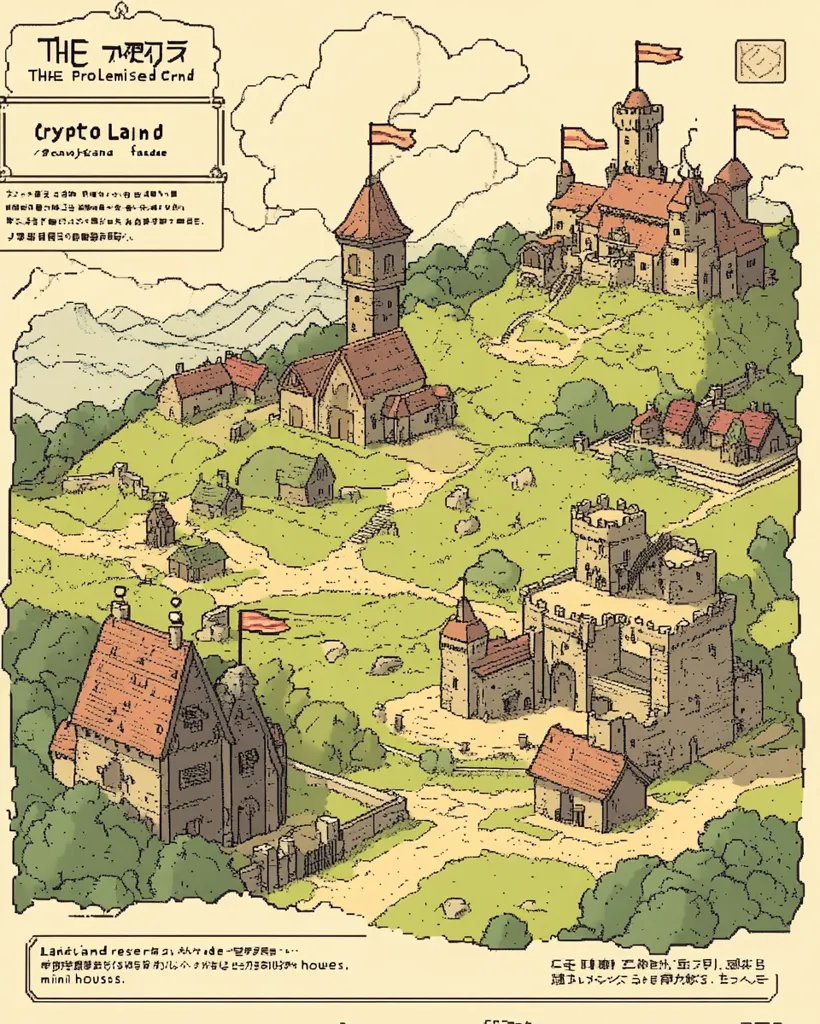 The image is a whimsical cartoon illustration of a medieval village called "Crypto Land" with various buildings, including a large castle, a church, and a number of smaller houses. The village is set in a lush green landscape with hills and trees. There is text in Japanese and English, suggesting it is part of a larger story or game. The overall style is lighthearted and colorful.
