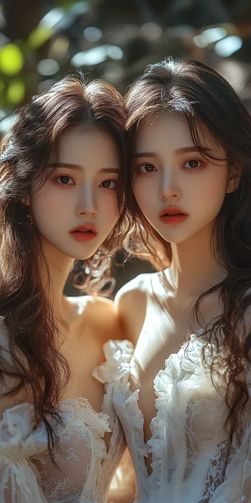 Two young women with long dark hair are posing together. They are both wearing white, lacy dresses with ruffles. The woman on the left has her hair down and is looking at the camera. The woman on the right has her hair pulled back and is looking slightly away from the camera. They are both smiling.  The background is a soft, out-of-focus blur of greenery.  The image is soft and romantic.