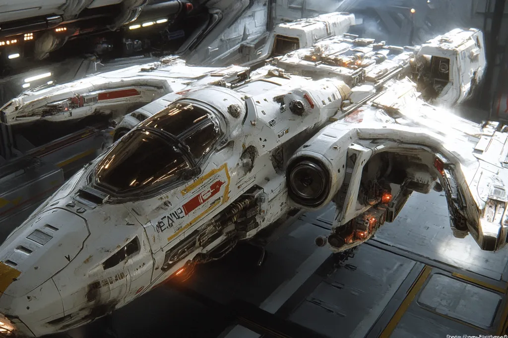 A white spaceship with a large, dark tinted canopy sits on a landing pad. The spaceship is heavily detailed, with exposed wiring, piping, and other mechanical elements. The background shows a blurry, industrial setting with gray walls and lights.  The image is likely a digital illustration, as it has a polished, almost cinematic look.