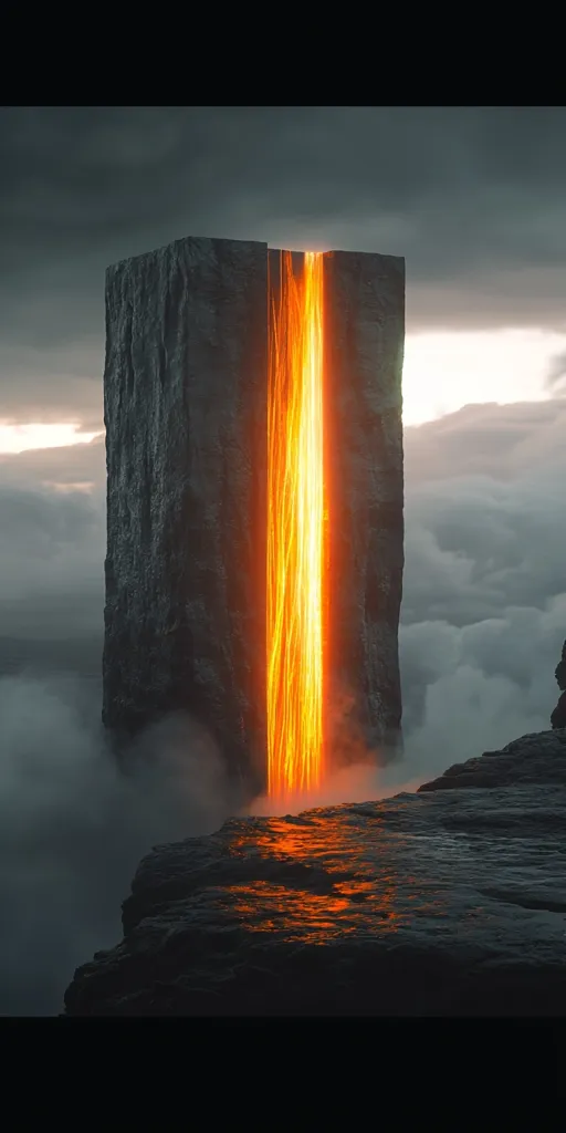 A tall, dark, rectangular monolith stands against a cloudy sky, with a bright orange, glowing fissure running down its center. The fissure looks like molten lava, pouring from the top of the monolith,  casting a warm glow on the surrounding rocky landscape. The scene appears otherworldly and mysterious, with a sense of power and the unknown.
