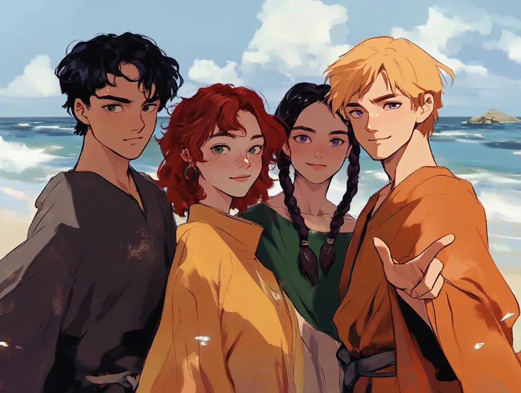 Four anime-style characters stand against a beach backdrop. They are a young man with dark hair wearing a black top, a woman with red hair and freckles in a yellow shirt, a woman with dark hair and purple eyes in a green dress, and a blond young man in an orange robe. The blond man is gesturing towards the viewer. The characters appear to be friends, with relaxed and joyful expressions. The scene is bright and cheerful, conveying a sense of camaraderie.