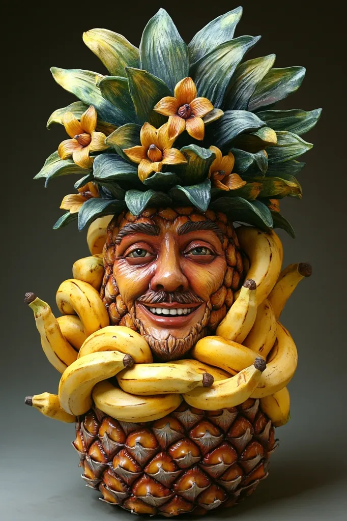 The image depicts a  pineapple with a human face sculpted into it.  The pineapple has a crown of green leaves with yellow flowers.  The face is smiling with a  goatee beard, and the pineapple is surrounded by a bunch of yellow bananas.  The sculpture is crafted with a level of detail that captures the texture and color of the fruits.