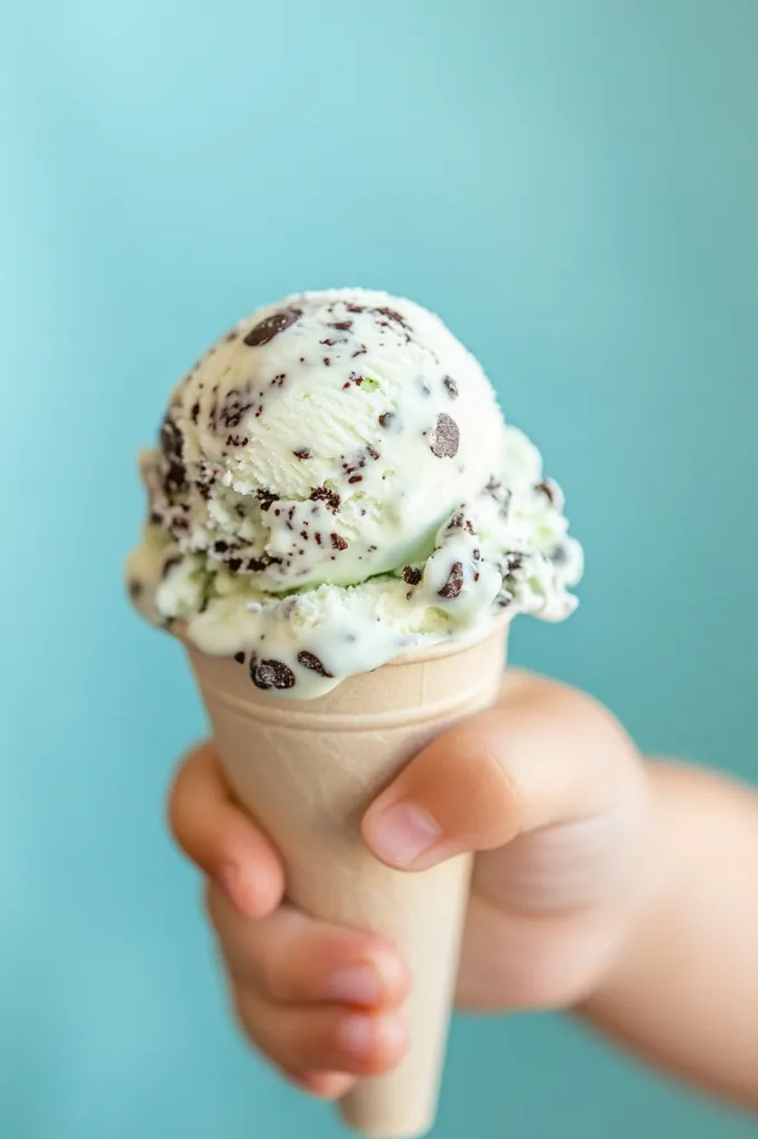 A hand holds a waffle cone filled with a scoop of mint chocolate chip ice cream. The ice cream is melting slightly, and the cone is starting to get soggy. The background is a soft blue. This image captures a sweet and refreshing treat on a hot day.  The image is likely meant to evoke feelings of joy and happiness.
