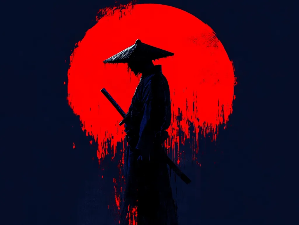 The image depicts a silhouetted figure of a samurai warrior, wearing a traditional conical hat and holding a katana sword. They stand before a large, red, sun-like orb, rendered with a textured, paint-like effect. The colors create a strong contrast, emphasizing the warrior's presence against the dramatic, vibrant backdrop. The composition suggests a sense of solitude and a moment of quiet contemplation.