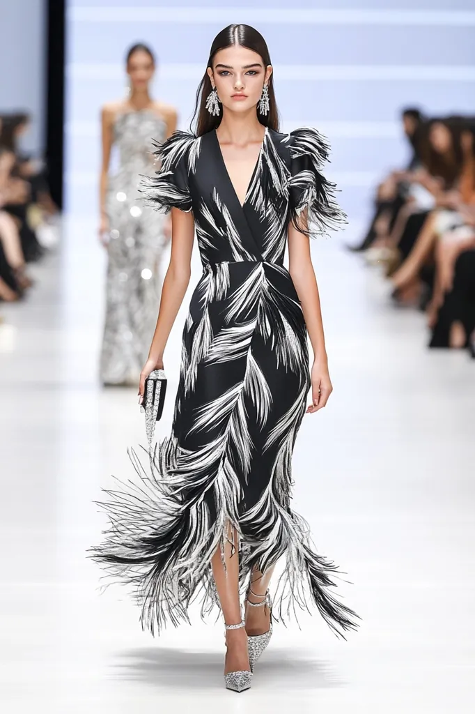 A model walks the runway wearing a black and white, feather-trimmed dress. The dress is form-fitting with a plunging V-neckline and fringed skirt. The model wears sparkling earrings and shoes, and carries a small, embellished clutch. She walks with confidence, showcasing the elegant and dramatic design of the dress. The runway is empty, allowing the model to be the center of attention.  The light reflects off the  fringe, creating a shimmering effect. The overall look is glamorous and sophisticated.