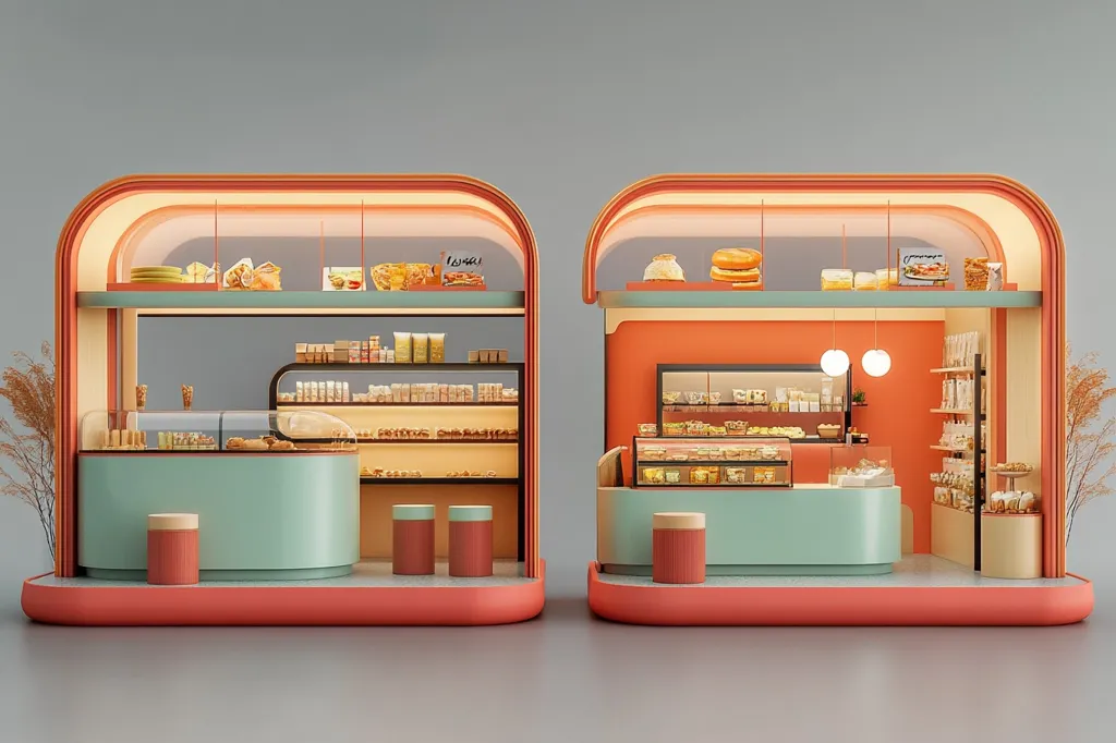 The image shows a modern and minimalist bakery with a retro twist. Two symmetrical booths, each with a curved roofline and pastel colors, are filled with baked goods and snacks. Shelving displays rows of packaged treats, while a glass display case showcases fresh pastries. The booths feature a light blue counter with a curved edge, orange accents, and a simple, functional aesthetic. The background is a plain gray, emphasizing the bold colors and minimalist design of the bakery.