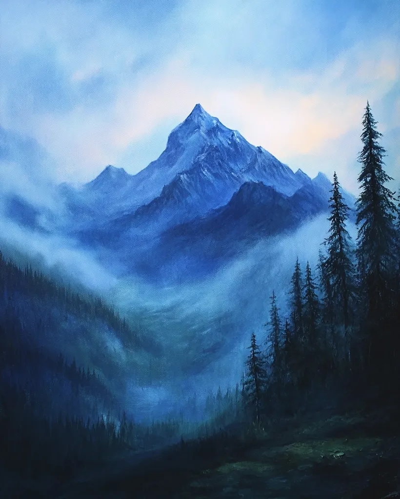 The painting depicts a misty mountain landscape. A towering peak dominates the center, its summit shrouded in clouds. The surrounding mountains are shrouded in a soft, blue haze, creating a sense of mystery and serenity. The foreground features a dark forest of evergreen trees, their branches reaching towards the sky. The overall tone of the painting is peaceful and tranquil, with soft blues and greens dominating the color palette.