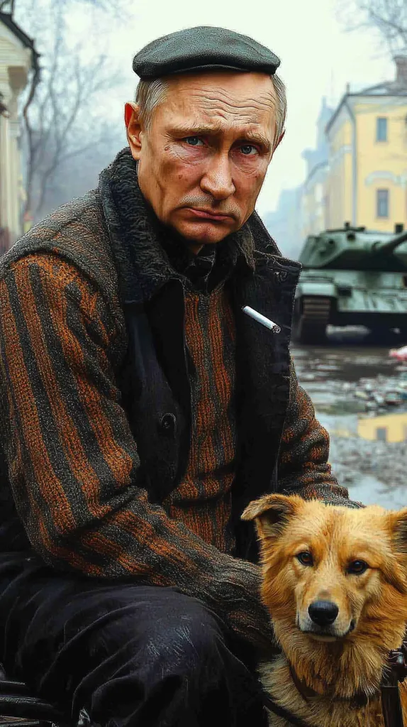 A man in a dark striped sweater and black coat, wearing a dark cap, sits with a dog. He has a cigarette in his mouth and looks down with a somber expression. A tank is in the background, partially visible. The image has a desaturated color palette, giving it a melancholic feel.
