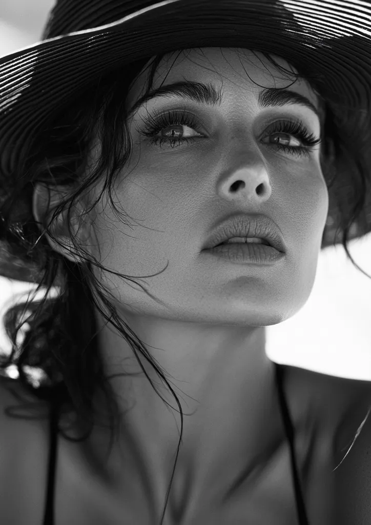 The black and white image captures a close-up of a woman's face. She is wearing a wide-brimmed hat, which casts a shadow over her eyes. Her expression is soft and thoughtful, her lips slightly parted. Her long, dark hair falls around her face, creating a dramatic contrast with the stark background. The image evokes a sense of mystery and allure.