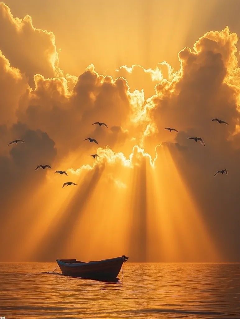 A lone boat sits on a calm, golden sea. The sun shines brightly through the clouds, casting long rays of light onto the water. A flock of birds flies overhead, creating a beautiful silhouette against the bright sky. The scene is serene and peaceful, capturing the essence of a golden sunset.