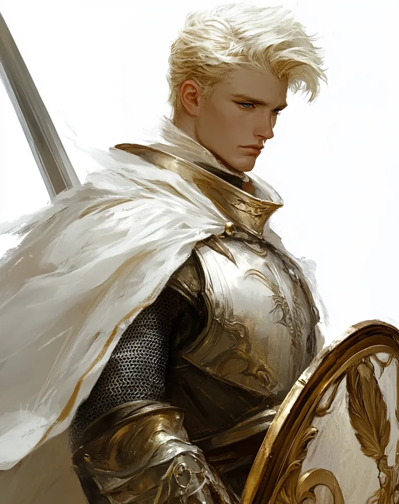 The image depicts a young, handsome knight clad in shining armor and a flowing white cloak. He has short, blonde hair and piercing blue eyes, and his expression is serious and determined. He holds a sword in one hand and a large shield in the other, ready to defend his cause. The knight appears to be in the midst of battle, with his cloak billowing behind him as he prepares to face his enemies. The image is a classic portrayal of a noble knight, embodying courage, strength, and chivalry.