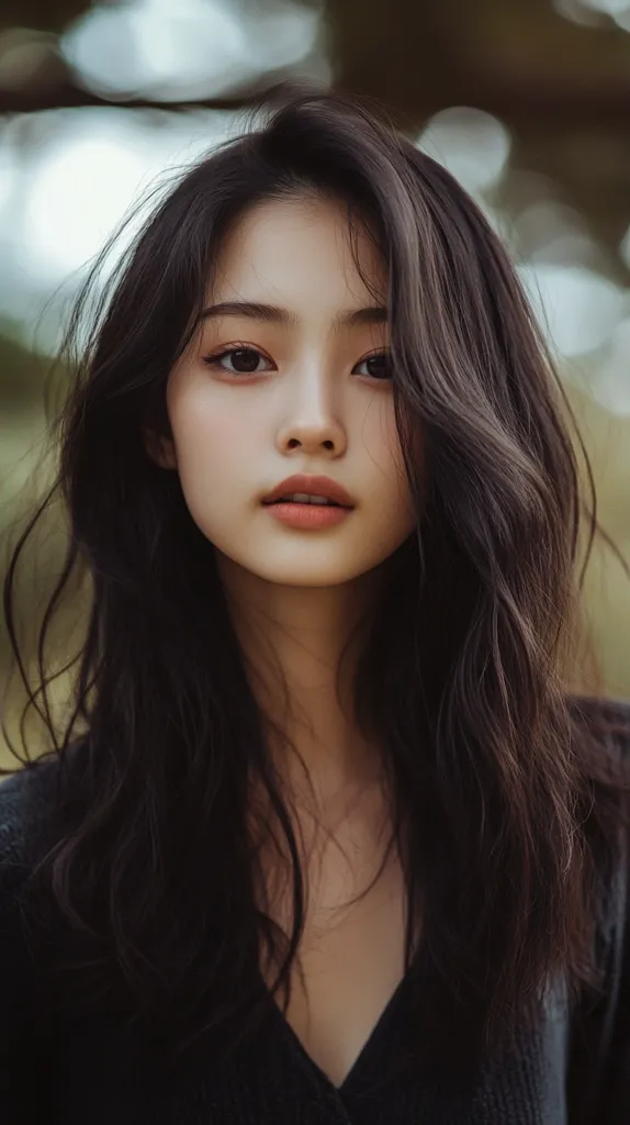 The image shows a young woman with long, dark hair that falls around her face, covering one eye. She is wearing a black sweater with a deep V-neckline. Her skin is clear and smooth, and she has dark eyes and lips. The background is out of focus, and the overall tone of the image is soft and romantic.