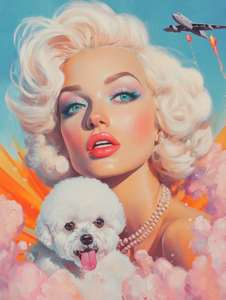 The image depicts a woman with platinum blonde hair, styled in a classic 1950s fashion, wearing bright makeup. She has a soft smile and is holding a white fluffy dog. She wears a pearl necklace and is surrounded by a dreamy pink and orange cloud backdrop. A small airplane with smoke trails flies overhead in the distance. The painting has a vintage and glamorous aesthetic.