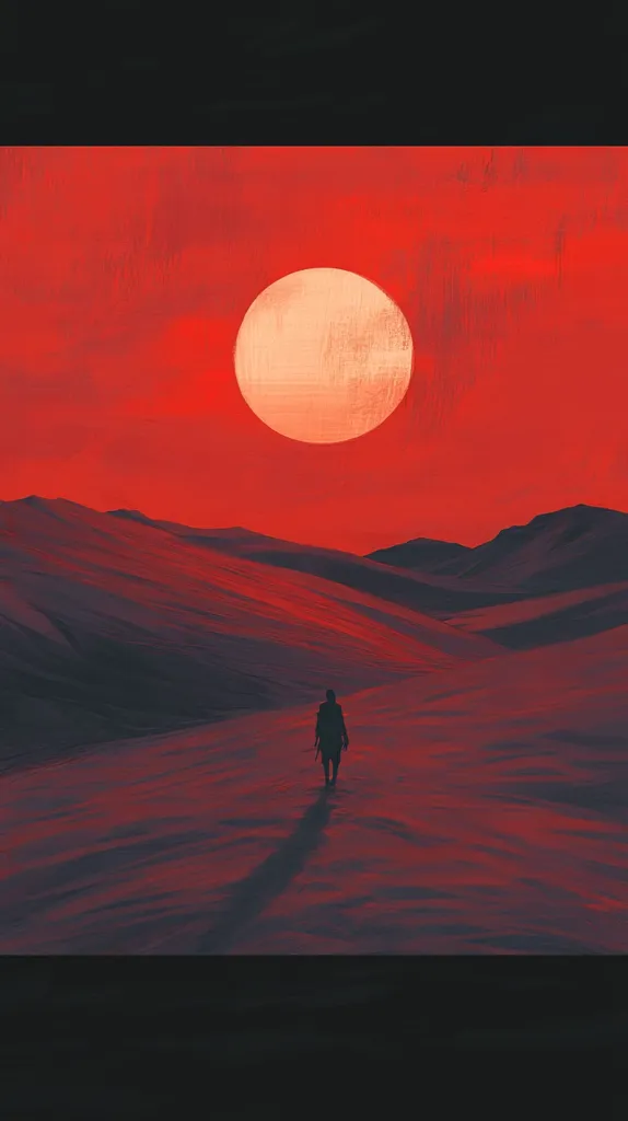 A lone figure walks across a desolate landscape bathed in the glow of a giant, orange sun setting in a crimson sky. The rolling hills are painted in hues of deep red and purple, emphasizing the vastness and emptiness of the scene. The image captures a sense of solitude and introspection, as the solitary figure becomes a tiny speck against the grand backdrop of the setting sun.