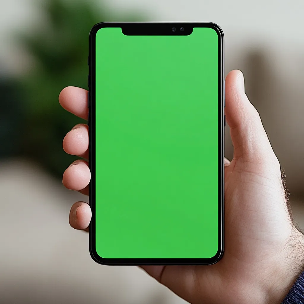 A hand holds a black smartphone with a green screen. The phone is held vertically with the screen facing the viewer. The background is blurred with a light brown sofa and a green plant. The screen is blank and could be used for mockups or other presentations.  The image is taken from a low angle.
