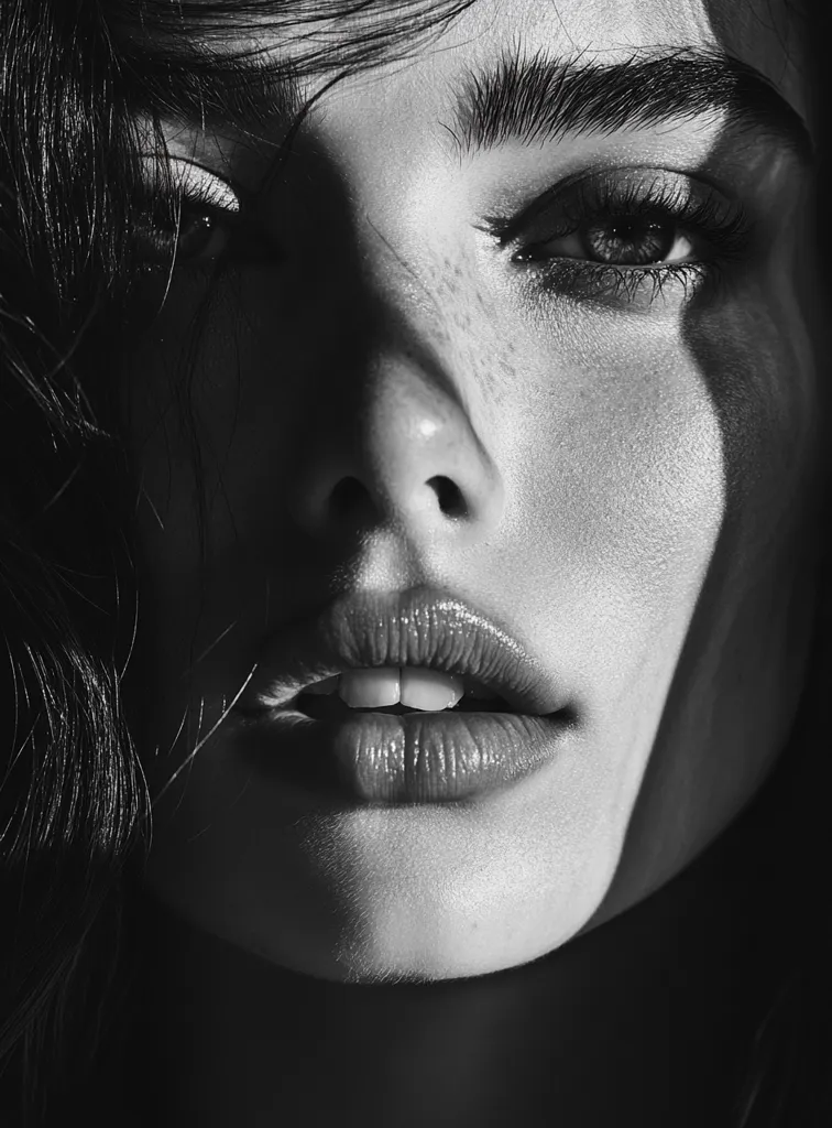 The image is a black and white close-up portrait of a woman's face. The woman is looking at the camera with a slightly parted mouth and her lips are slightly pouted. Her eyes are closed and her face is illuminated by a soft light, casting shadows across her features. The image is intimate and evocative, emphasizing the beauty of the woman's face.  Her dark hair falls softly across her forehead and cheek. Her skin is smooth and flawless, with a few subtle freckles visible. The image is a study in light and shadow, creating a sense of depth and mystery.  Her eyebrows are perfectly shaped and defined, enhancing her natural features.