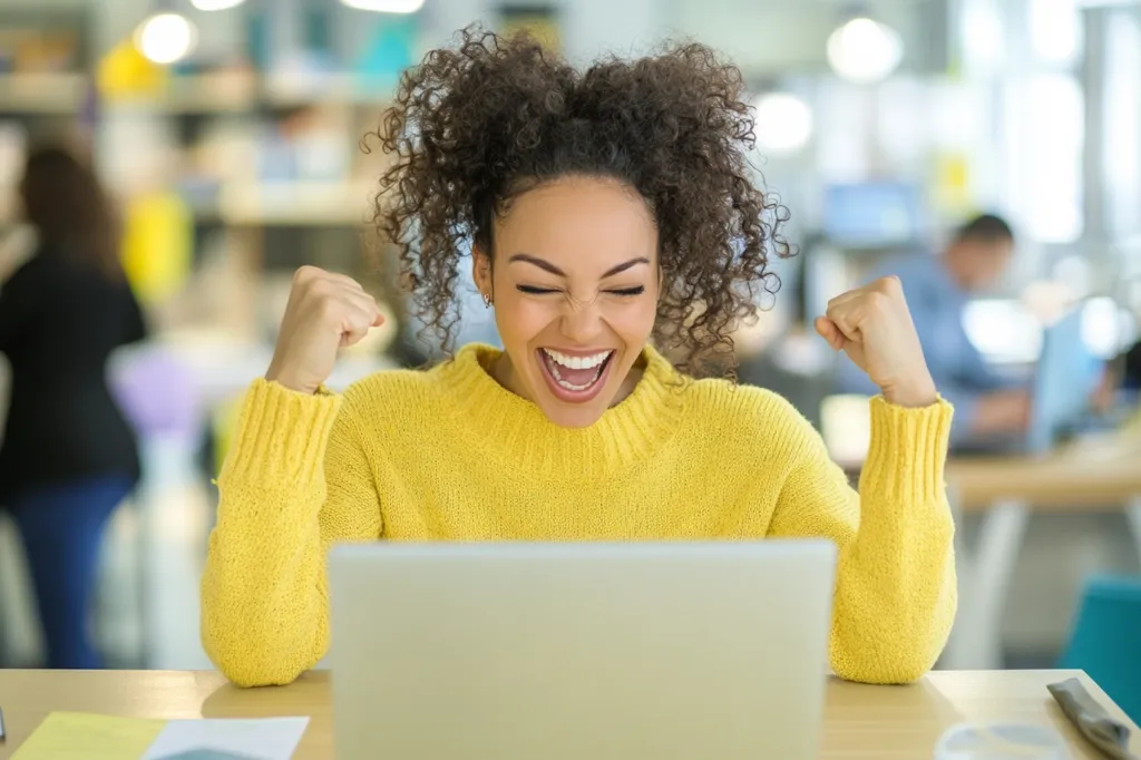 A young woman with curly hair is sitting at a table in a brightly lit office, wearing a yellow sweater. She is looking at a laptop screen with a wide, excited smile. Her arms are raised in the air, with clenched fists, as if she is celebrating a victory. The image conveys a sense of joy and accomplishment.