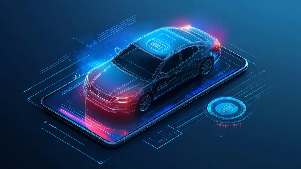 A futuristic car, depicted as a digital wireframe, is shown on a smartphone screen. The car is blue and red, and is surrounded by a blue and white digital interface. The car is on a blue background, and there is a blue and white circle with a battery icon in the lower right corner. The image represents the concept of connected cars and the use of technology in the automotive industry.