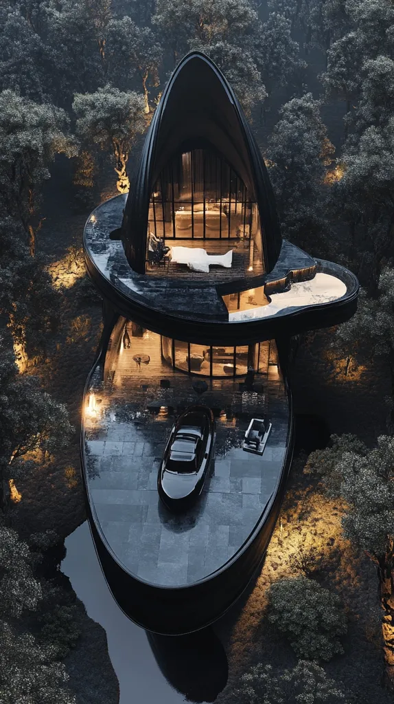 A futuristic, black, sleek, and curved house with large glass windows sits nestled in a dense forest. The house has a unique design with multiple levels and an open-air patio with a car parked below it. The surrounding trees are dark green and the lighting is warm, creating a cozy atmosphere. The house is a testament to modern architecture and blends seamlessly with its natural surroundings.