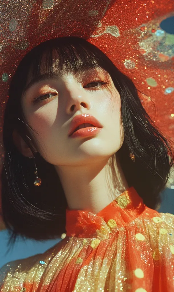 A young woman with long black hair and a red, glittery hat looks directly at the camera. The hat covers most of her forehead and her bangs frame her face. Her eyes are a soft brown and her lips are glossy and pink.  She is wearing a red and gold sequined dress, and the light reflects off of the sequins. The background is blurred, and the overall tone of the image is warm and inviting.  The woman's expression is confident and alluring.