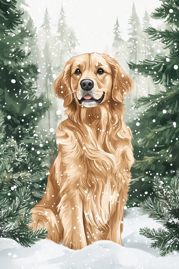 A golden retriever sits in a snowy forest, its fur the same color as the falling snowflakes. The dog's eyes are bright and its tongue is slightly out, giving it a happy, playful expression. Evergreen trees frame the scene, their branches laden with snow. The soft white snow covers the ground, creating a peaceful winter wonderland.