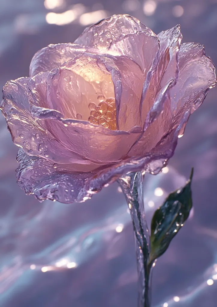 A delicate, translucent rose with a pale pink hue blossoms on a stem that appears to be made of liquid. The petals are thin and glistening, with small, round droplets of water clinging to their surface. The rose's center is filled with a cluster of golden orbs, adding a touch of warmth to the overall ethereal aesthetic. The background is a soft, shimmering purple, evoking a dreamlike atmosphere. The image captures a moment of delicate beauty and fragility.