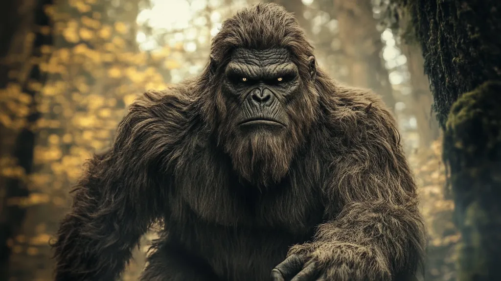 A large, hairy ape stands in a forest, its eyes glowing yellow. The ape's face is serious and intense, with a furrowed brow and a strong jawline. It is looking directly at the viewer, as if daring them to approach. The forest behind the ape is blurred and out of focus, highlighting the ape's imposing presence. The ape's fur is thick and dark, and it seems to be camouflaged by the shadows of the forest.  The image evokes a sense of mystery and danger, suggesting that the ape is a powerful and untamed creature.