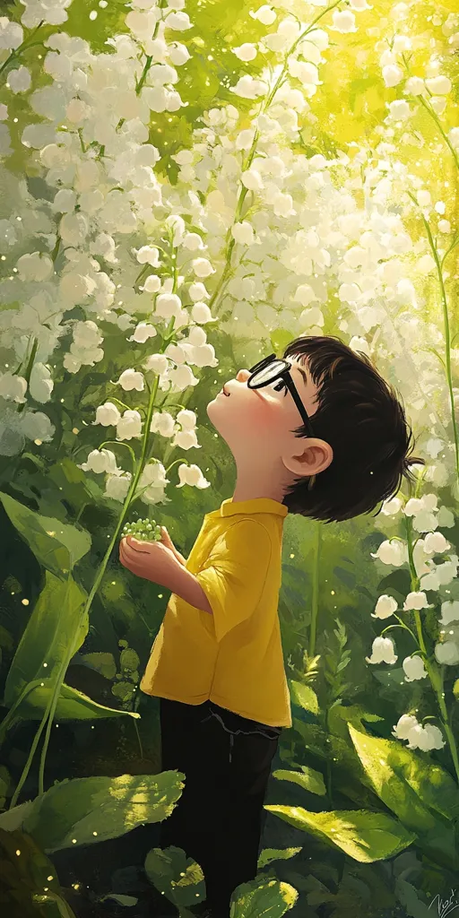 A young boy with glasses, wearing a yellow shirt, stands in a field of lily of the valley flowers. The sun shines brightly overhead, casting a warm glow on the boy and the flowers. The boy looks up at the sky, seemingly in awe of the beautiful surroundings.  The scene is one of peace and tranquility.