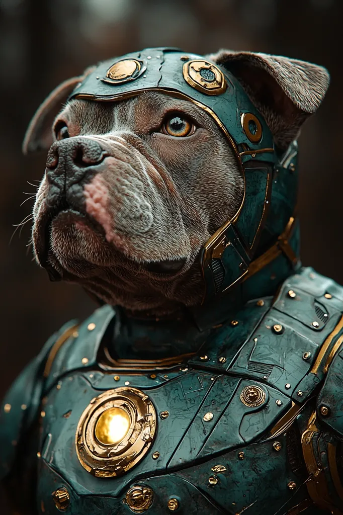 A bulldog wearing a futuristic suit of armor, with a teal and gold color scheme. The armor covers its head, shoulders, and chest, with a glowing gold circle on the chest. The dog is looking up, its face filled with a sense of determination. The image is stylized with a gritty, metallic texture.  The image evokes a sense of power and resilience.