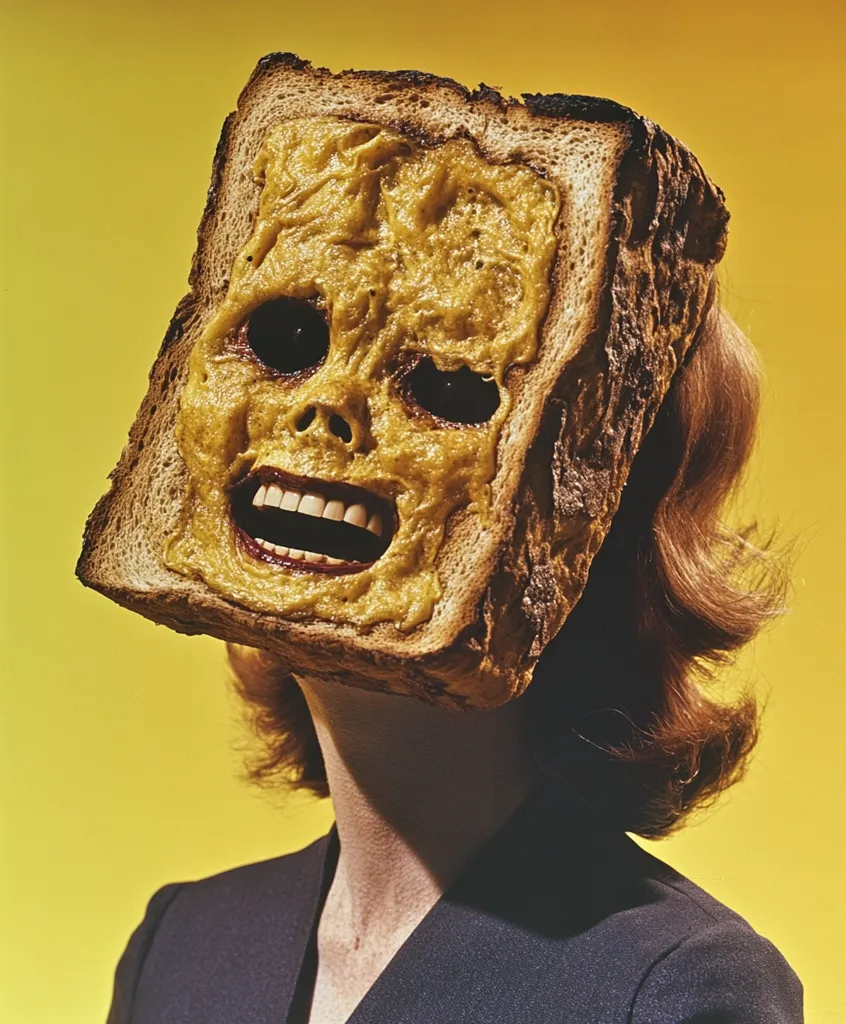 A woman with red hair is wearing a mask made of a slice of bread. The bread is toasted and spread with a yellow substance that appears to be mustard. The mask is shaped to create a grotesque, grinning face. The woman's expression is not visible, and she is wearing a dark blue blazer. The background is a bright yellow.  The image is surreal and humorous.