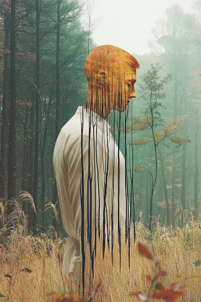 A man stands in a misty forest, his head and torso overlaid with a pattern of vertical black lines against a backdrop of golden leaves. The man's face is obscured, giving a sense of mystery and anonymity. The image creates a feeling of both isolation and connection to nature. The soft lighting and hazy atmosphere add to the ethereal quality.